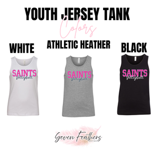 Youth Jersey Tank shown in white, athletic heather, and black with Saints Volleyball block and script logo
