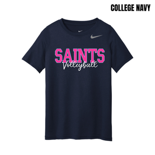 College Navy Topeka Saints Volleyball Bold Block Script Youth rLegend Tee with pink and blue outlined lettering