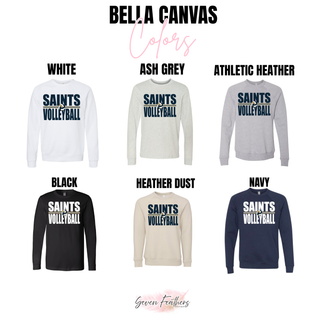 Bella Canvas top in white, ash grey, athletic heather, black, heather dust, and navy with bold Saints Volleyball design