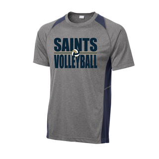Grey and navy colorblock contender tee with Topeka Saints Volleyball bold lettering and volleyball graphic