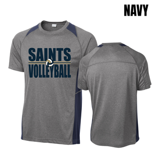 Front and back view of navy colorblock contender tee featuring Topeka Saints Volleyball bold lettering design