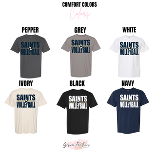 Comfort Colors top in pepper, grey, white, ivory, black, and navy with bold Saints Volleyball design