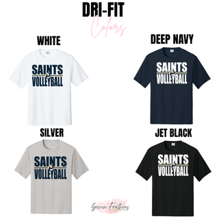 Dri-Fit performance top in white, deep navy, silver, and jet black with bold Saints Volleyball design