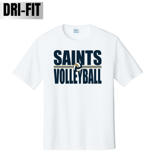 White Dri-Fit performance top with bold Saints Volleyball text and navy and gold volleyball graphic