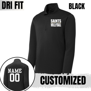 Black Dri-Fit quarter zip pullover with bold Saints Volleyball design and customized name and number on back