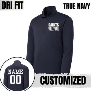True navy Dri-Fit quarter zip pullover with bold Saints Volleyball design and customized name and number on back