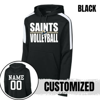Black Fan Favorite Hoodie with bold Saints Volleyball design and customized name and number on back