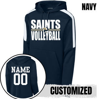 Navy Fan Favorite Hoodie with bold Saints Volleyball design and customized name and number on back