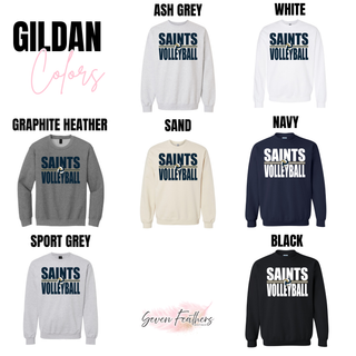 Gildan crewneck sweatshirt in ash grey, white, graphite heather, sand, navy, sport grey, and black with bold Saints Volleyball design