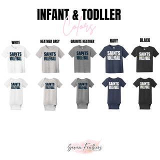 Infant onesie and toddler top in white, heather grey, granite heather, navy, and black with bold Saints Volleyball design