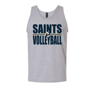 Grey men's tank top featuring Topeka Saints Volleyball bold stacked lettering and volleyball graphic
