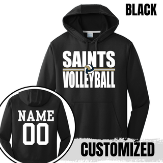 Black performance hoodie with bold Saints Volleyball design and customized name and number on back