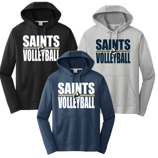 Performance hoodie in black, silver, and deep navy with bold Saints Volleyball design