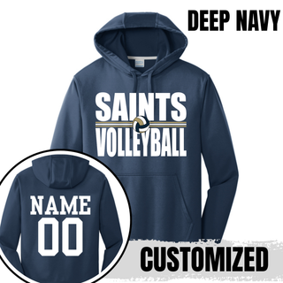 Deep navy performance hoodie with bold Saints Volleyball design and customized name and number on back