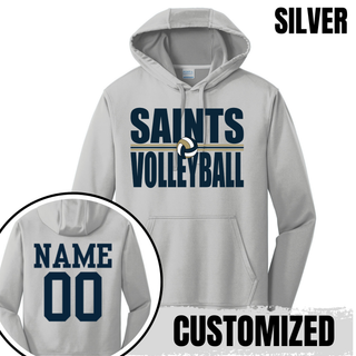 Silver performance hoodie with bold Saints Volleyball design and customized name and number on back