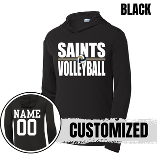 Black PosiCharge Competitor Hoodie with bold Saints Volleyball design and customized name and number on back