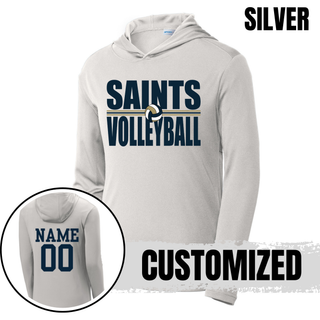 Silver PosiCharge Competitor Hoodie with bold Saints Volleyball design and customized name and number on back