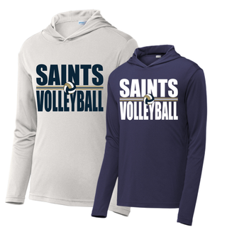 PosiCharge Competitor Hoodie in silver and true navy with bold Saints Volleyball design