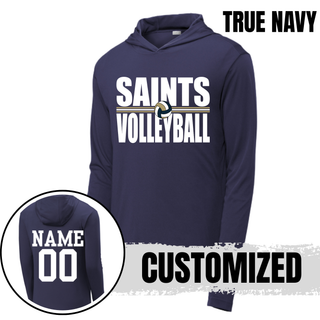 True navy PosiCharge Competitor Hoodie with bold Saints Volleyball design and customized name and number on back