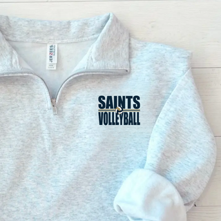 Ash quarter zip pullover with bold Saints Volleyball design