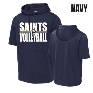 Navy short sleeve hooded pullover featuring Topeka Saints Volleyball bold lettering design front and back