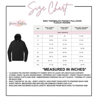 Therma-FIT Pocket Pullover Hoodie size chart for adult XS through 4XL