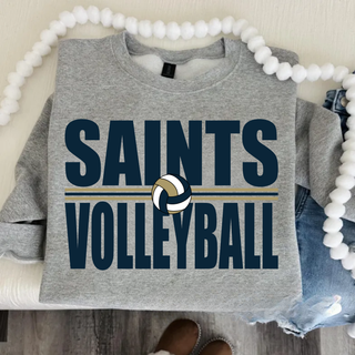 Heather grey top with bold Saints Volleyball text and navy and gold volleyball graphic