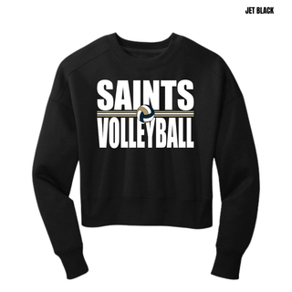 Jet black women's cropped fleece crewneck with Topeka Saints Volleyball bold lettering and volleyball graphic