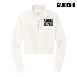 Gardenia white women's fleece quarter zip with navy Topeka Saints Volleyball bold lettering print