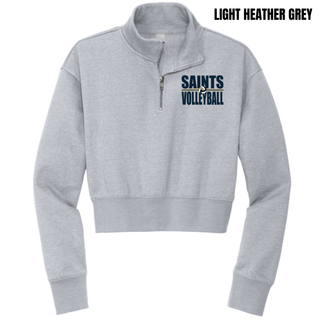 Light heather grey women's fleece quarter zip with navy Topeka Saints Volleyball bold lettering on chest