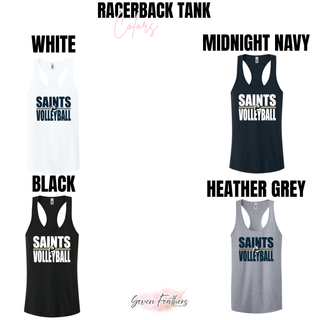 Women's racerback tank in white, midnight navy, black, and heather grey with bold Saints Volleyball design