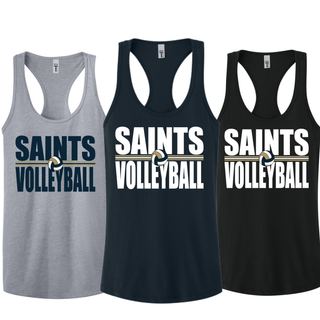 Women's racerback tank in heather grey, midnight navy, and black with bold Saints Volleyball design