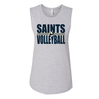 Flat lay of women's scoop muscle tank in athletic heather with bold Saints Volleyball design