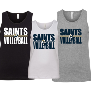 Youth jersey tank in black, white, and athletic heather with bold Saints Volleyball design