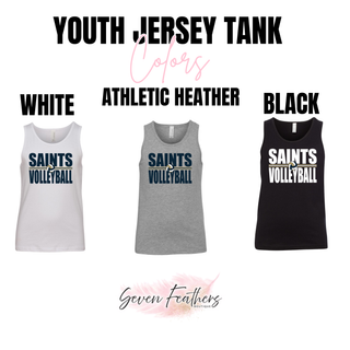 Youth jersey tank in white, athletic heather, and black with bold Saints Volleyball design