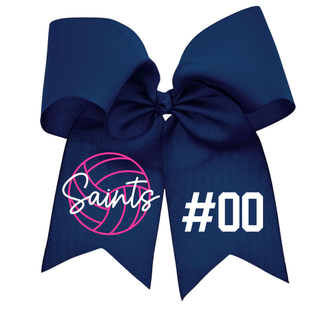 Navy bow with pink Saints volleyball graphic and personalized number, Topeka Saints Volleyball accessory