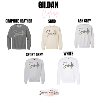 Gildan crewneck sweatshirt in graphite heather, sand, ash grey, sport grey, and white with script Saints design
