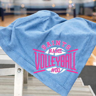 Light blue stadium blanket with pink Saints Volleyball court arch design and personalized name