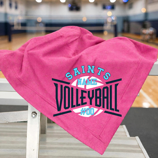 Pink stadium blanket with navy and blue Saints Volleyball court arch design and personalized name