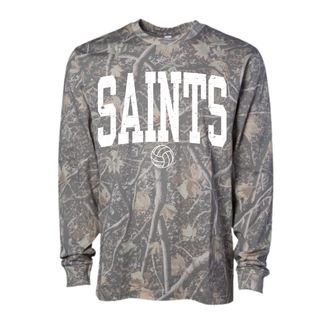 Camo long sleeve top featuring distressed Saints lettering and volleyball graphic
