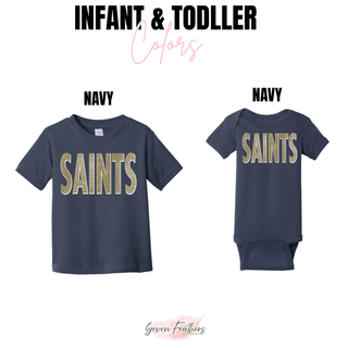 Topeka Saints Volleyball distressed outline infant onesie and toddler tee in navy with gold lettering
