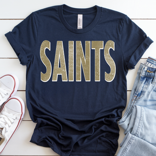 Topeka Saints Volleyball distressed outline top in navy with gold lettering flat lay with jeans and sneakers