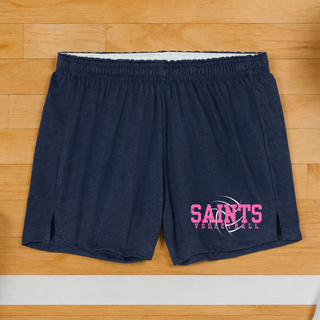 Navy Topeka Saints Volleyball distressed swirl jersey knit squad short with pink saints lettering and volleyball graphic