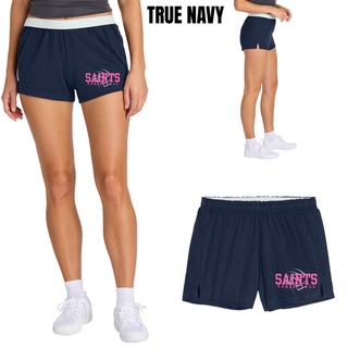 Woman wearing true navy Topeka Saints Volleyball distressed swirl jersey knit squad short with pink saints lettering