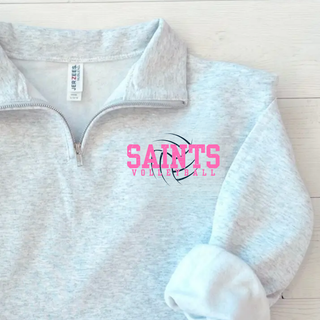 Close up of ash grey Topeka Saints Volleyball distressed swirl quarter zip pullover with pink saints lettering and volleyball graphic