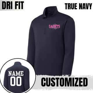 True navy Topeka Saints Volleyball distressed swirl quarter zip pullover with customized name and number on back