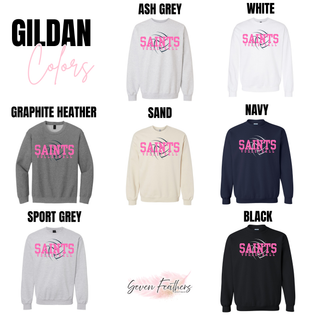 Topeka Saints Volleyball Distressed Swirl Gildan crewneck in ash grey, white, graphite heather, sand, navy, sport grey, and black