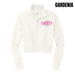 Gardenia Topeka Saints Volleyball distressed swirl women's cropped half zip with pink saints lettering and volleyball graphic