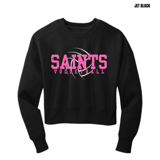 Jet black Topeka Saints Volleyball distressed swirl women's cropped crewneck with pink saints lettering and volleyball graphic