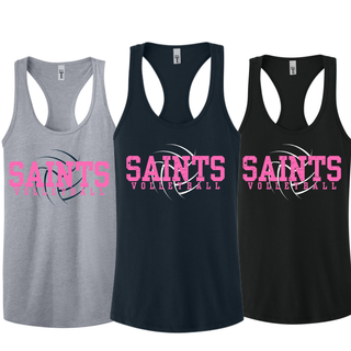 Topeka Saints Volleyball distressed swirl women's racerback tank in heather grey, navy, and black with pink saints lettering